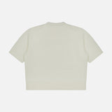 A THEORY Cashmere Cropped V-Neck T-Shirt in ivory, featuring short sleeves and a t-shirt silhouette, is laid flat with the back facing up against a white background.