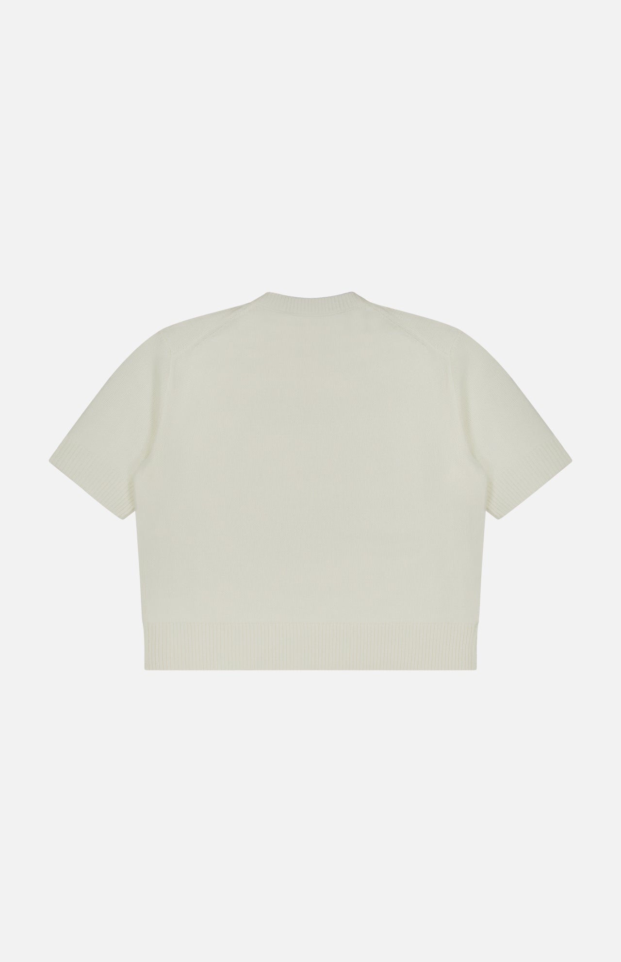 A THEORY Cashmere Cropped V-Neck T-Shirt in ivory, featuring short sleeves and a t-shirt silhouette, is laid flat with the back facing up against a white background.