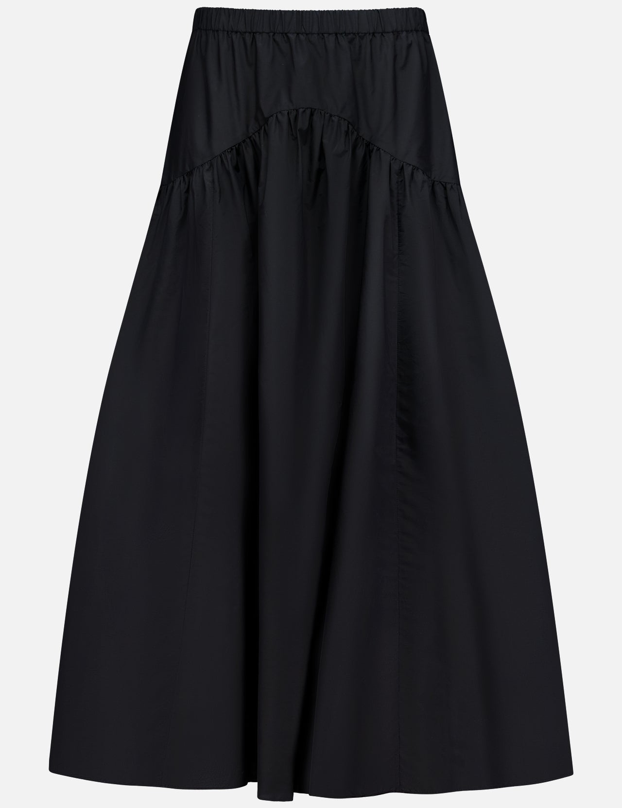 The THEORY Curved Yoke Circle Skirt is a black, high-waisted A-line midi with gathered detailing, an elastic waistband, and a pull-on design, shown against a plain white background.