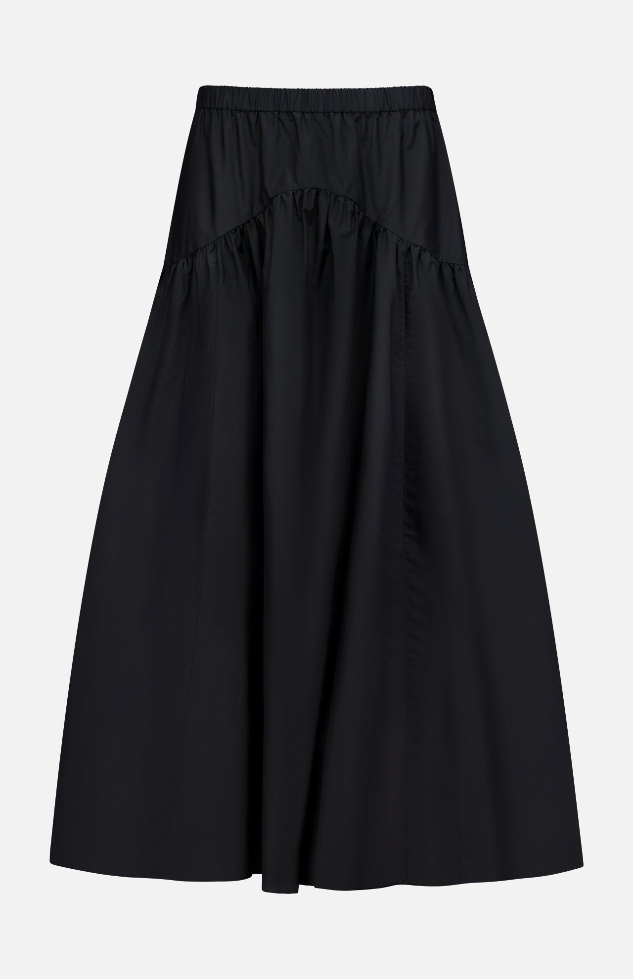 The THEORY Curved Yoke Circle Skirt is a black, high-waisted A-line midi with gathered detailing, an elastic waistband, and a pull-on design, shown against a plain white background.