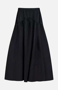 The THEORY Curved Yoke Circle Skirt is a black, high-waisted A-line midi with gathered detailing, an elastic waistband, and a pull-on design, shown against a plain white background.