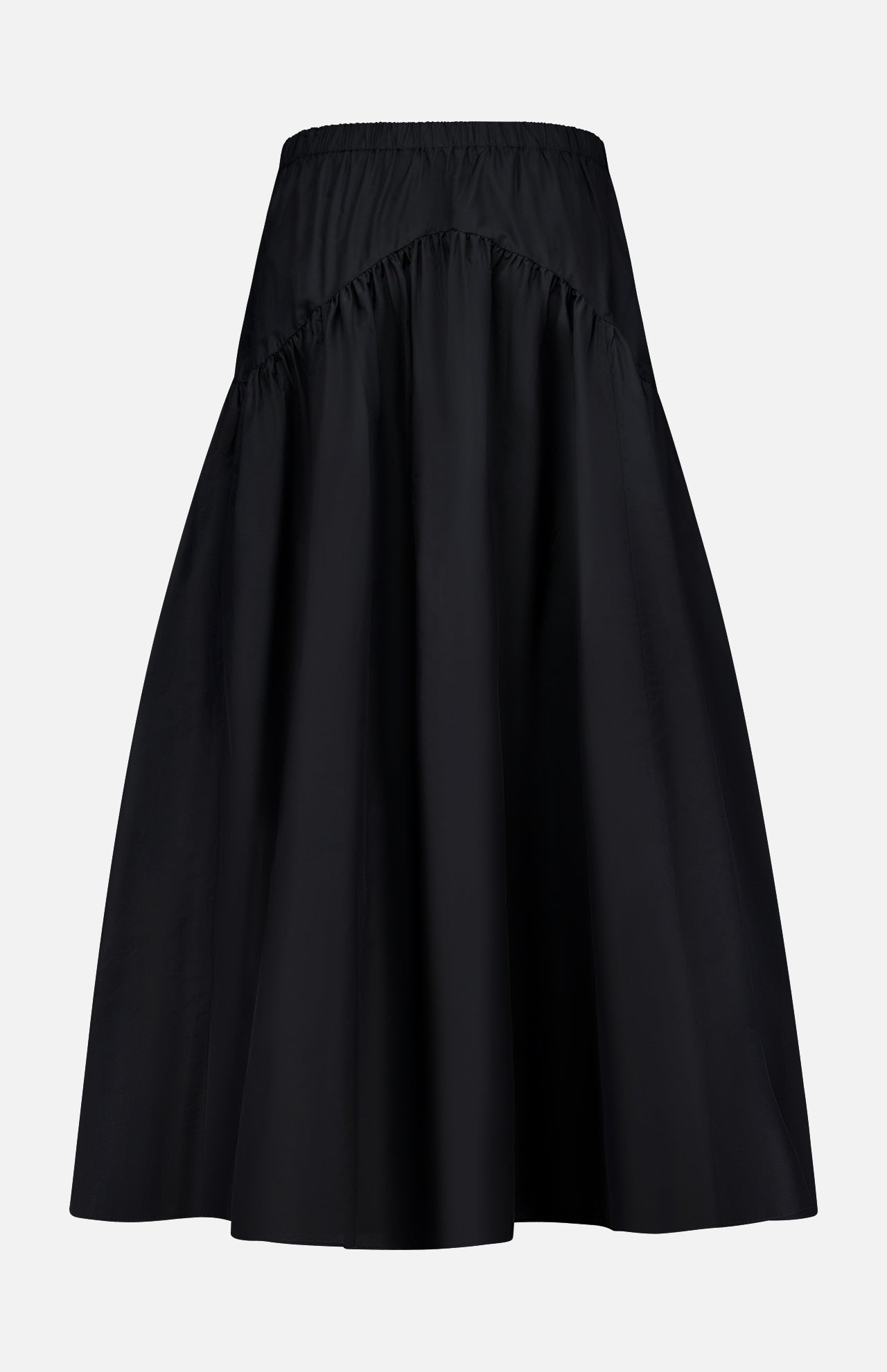 The THEORY Curved Yoke Circle Skirt is a black, knee-length A-line skirt with a gathered waist and pull-on design, shown against a plain white background.
