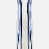THEORY’s Drape Neck Stripe Tank Dress features a sleeveless design with a flowing fit-and-flare silhouette, accented by vertical blue and navy stripes for an elongated effect.