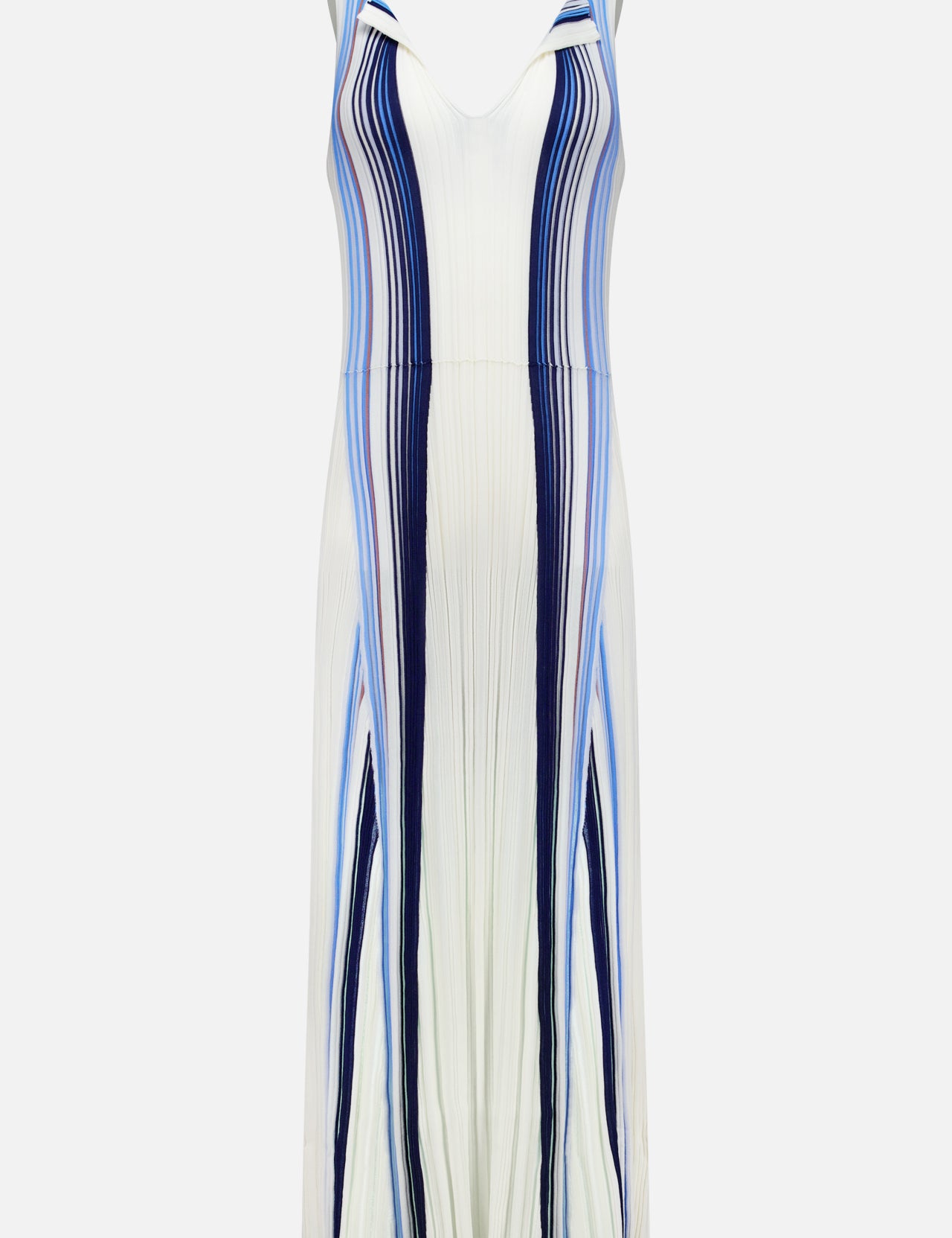 THEORY’s Drape Neck Stripe Tank Dress features a sleeveless design with a flowing fit-and-flare silhouette, accented by vertical blue and navy stripes for an elongated effect.
