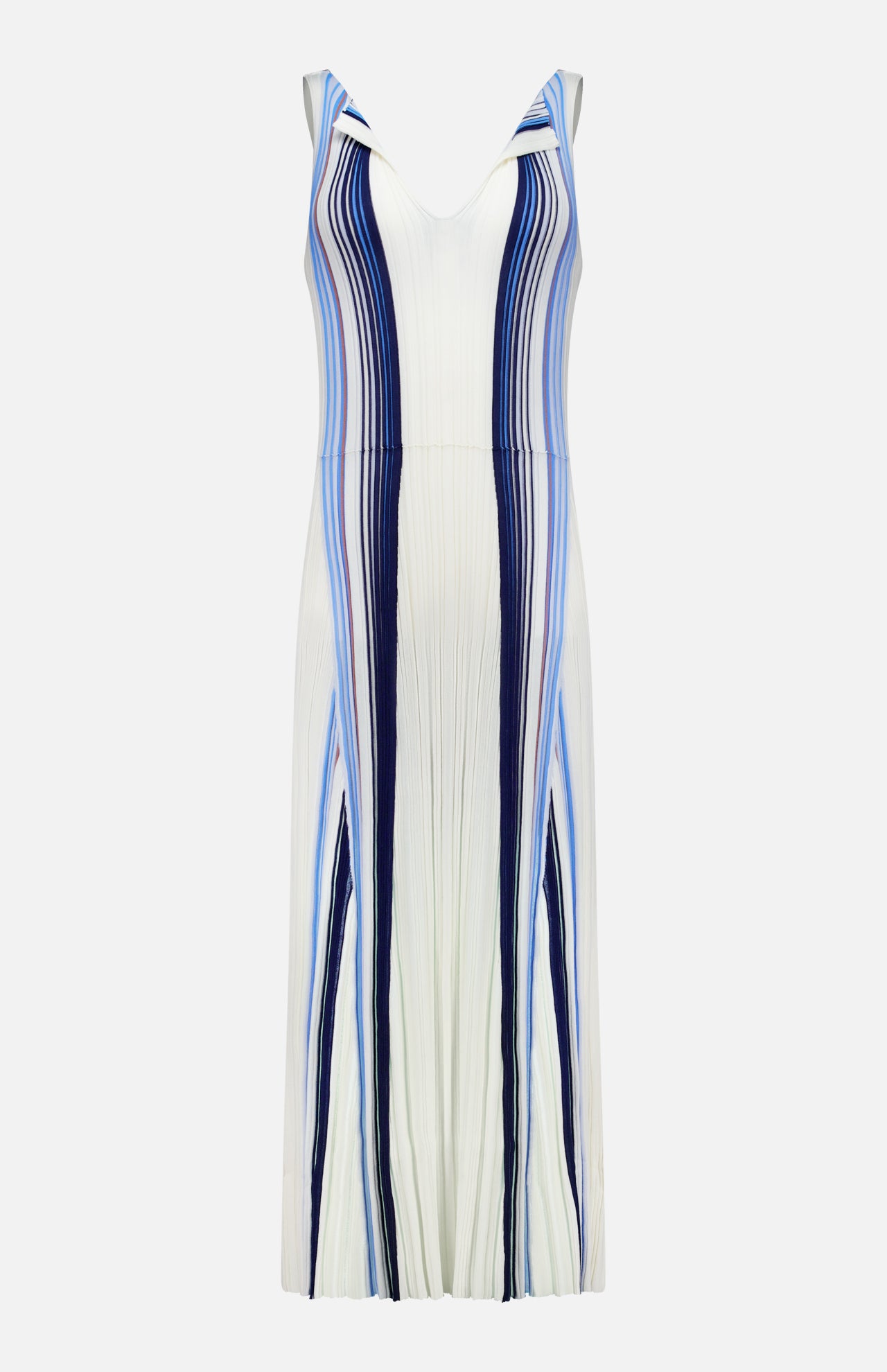 THEORY’s Drape Neck Stripe Tank Dress features a sleeveless design with a flowing fit-and-flare silhouette, accented by vertical blue and navy stripes for an elongated effect.