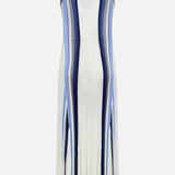 The THEORY Drape Neck Stripe Tank Dress showcases vertical navy and white stripes in a sleeveless design, featuring a drape neckline and pleated details. Its fit-and-flare silhouette offers an effortlessly chic look, perfect for any occasion, all displayed against a plain white background.
