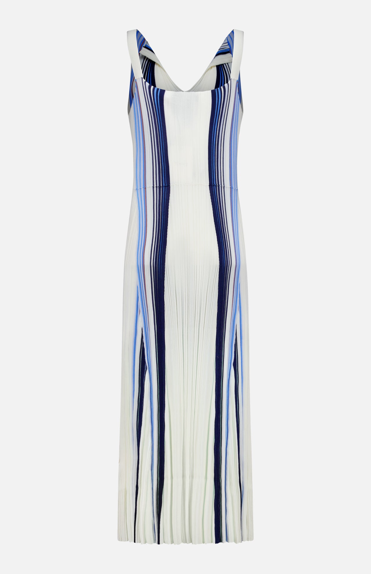 The THEORY Drape Neck Stripe Tank Dress showcases vertical navy and white stripes in a sleeveless design, featuring a drape neckline and pleated details. Its fit-and-flare silhouette offers an effortlessly chic look, perfect for any occasion, all displayed against a plain white background.