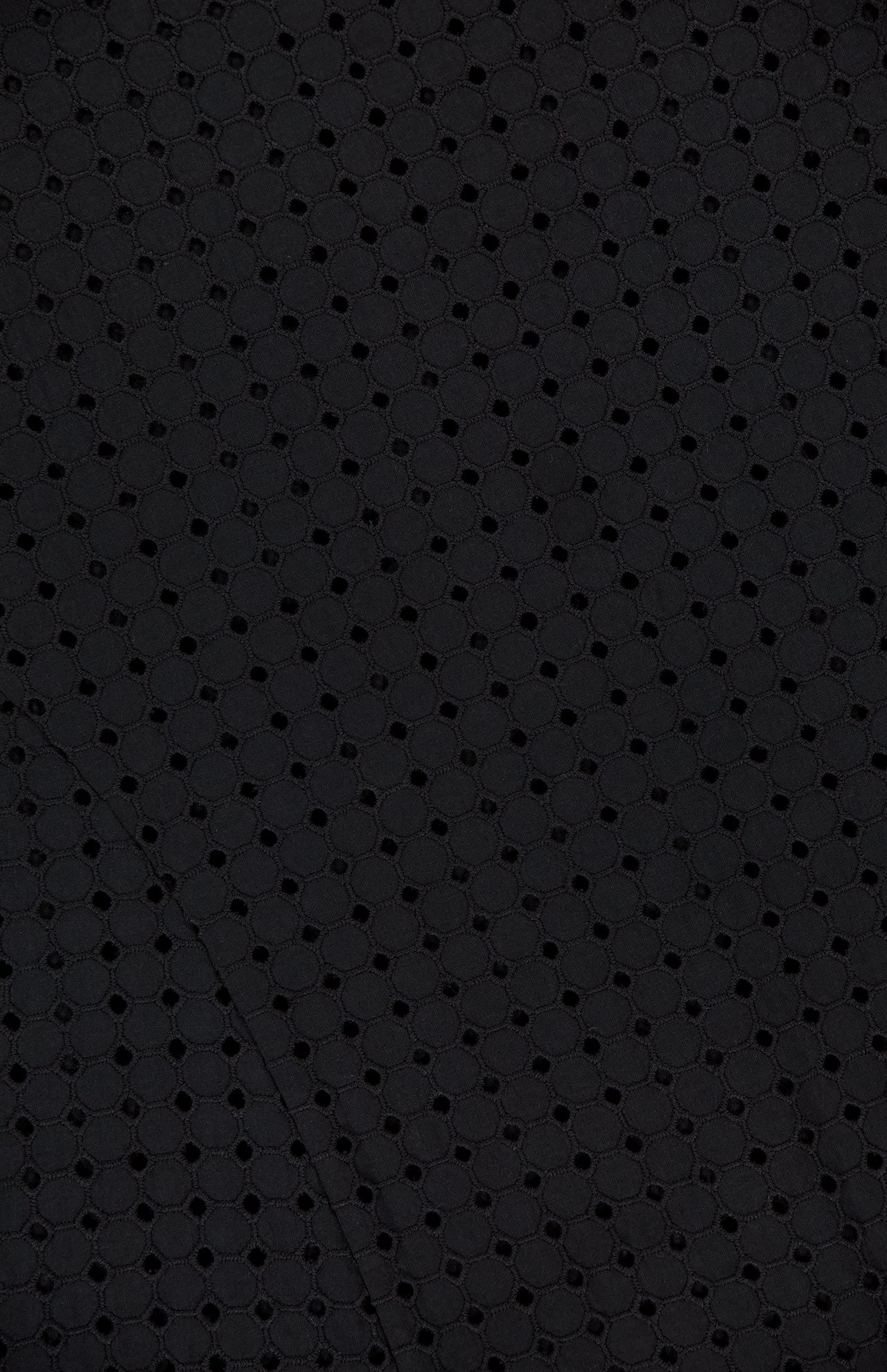 Close-up of the Easy Curve Eyelet Dress by THEORY, showcasing black eyelet fabric with a repeating circular pattern, visible stitching, and curved seam lines for a textured, slightly sheer look typical of this stylish midi dress.
