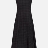 The THEORY Easy Curve Eyelet Dress is a sleeveless black midi with a V-neckline, A-line silhouette, allover eyelet pattern, and full cotton lining for comfort.