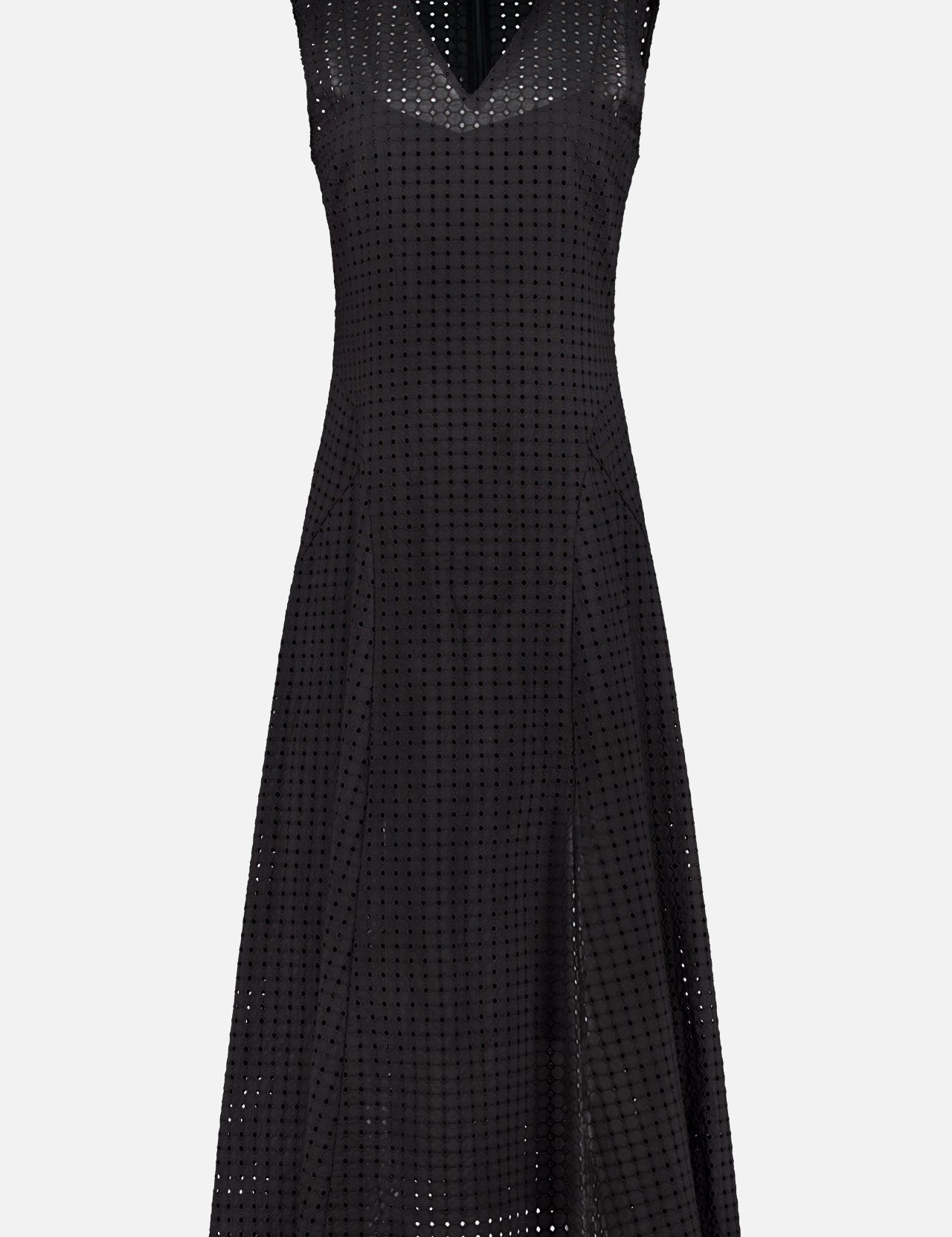 The THEORY Easy Curve Eyelet Dress is a sleeveless black midi with a V-neckline, A-line silhouette, allover eyelet pattern, and full cotton lining for comfort.