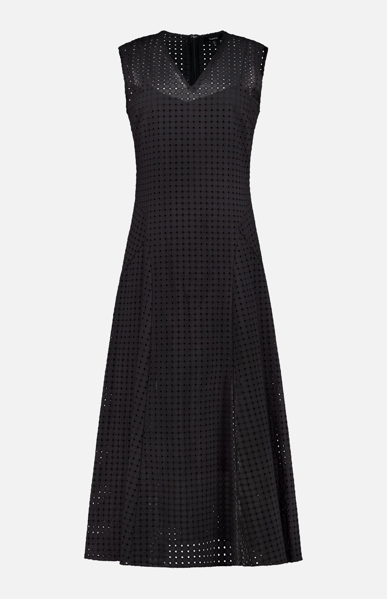 The THEORY Easy Curve Eyelet Dress is a sleeveless black midi with a V-neckline, A-line silhouette, allover eyelet pattern, and full cotton lining for comfort.