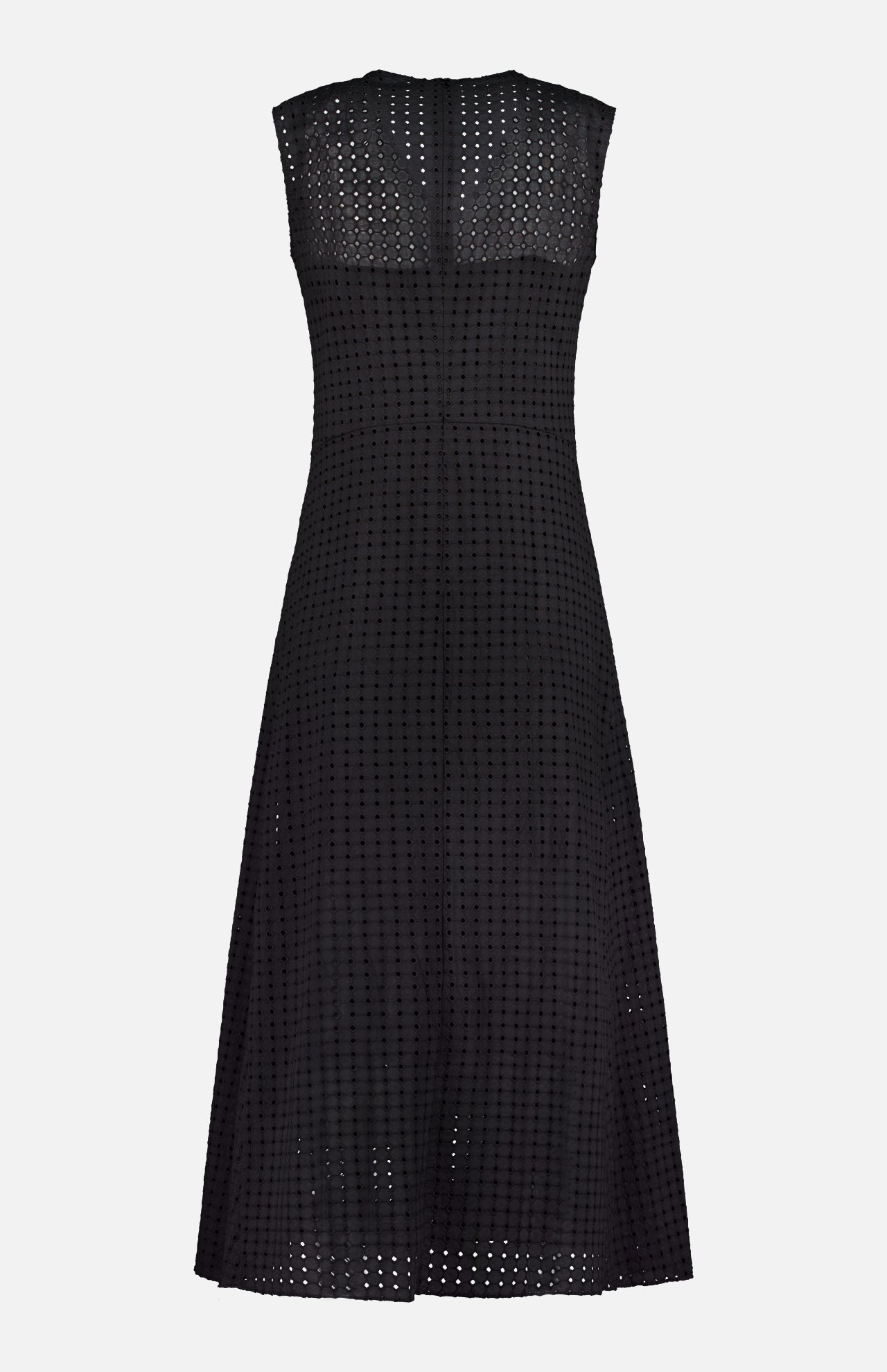 The THEORY Easy Curve Eyelet Dress is a sleeveless black cotton-lined midi with a fitted bodice and flared skirt, featuring an all-over eyelet pattern. Shown from the back against a white background.