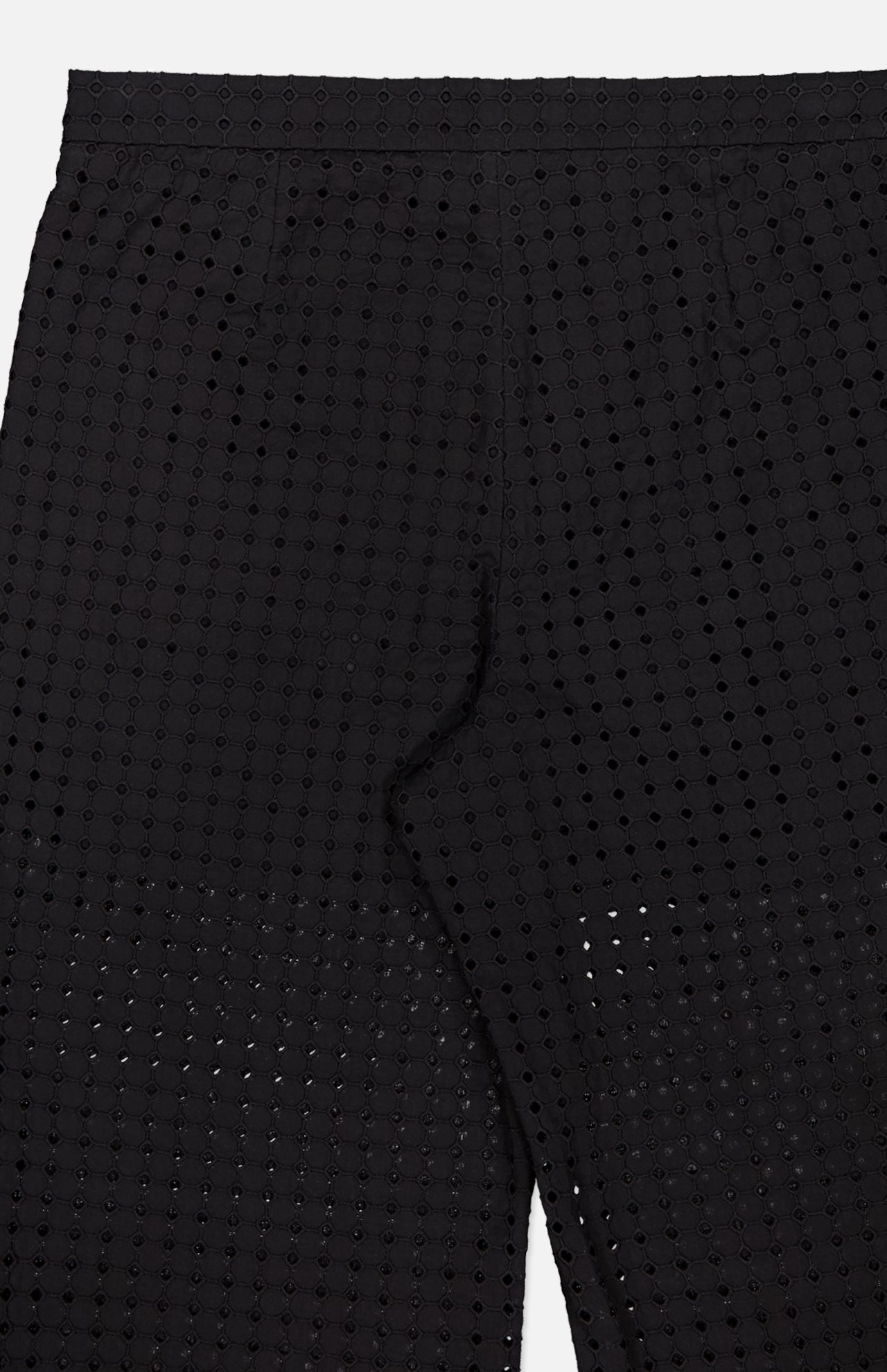 Close-up of THEORY's Easy Eyelet Slim Fit Pant in black embroidered eyelet cotton, featuring a perforated circular pattern, tailored fit, side pockets, and semi-sheer detailing.