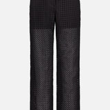 The THEORY Easy Eyelet Slim Fit Pant features black perforated, embroidered eyelet cotton with geometric cut-outs. It has a solid waistband and is partially lined to mid-thigh, leaving the lower legs sheer.
