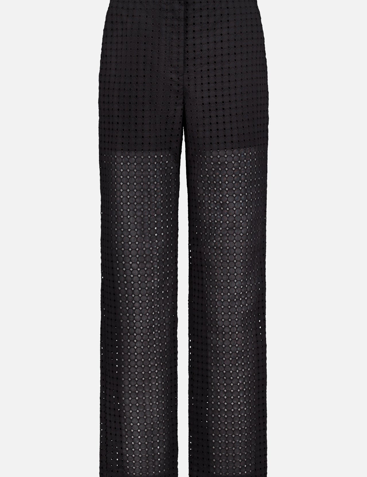 The THEORY Easy Eyelet Slim Fit Pant features black perforated, embroidered eyelet cotton with geometric cut-outs. It has a solid waistband and is partially lined to mid-thigh, leaving the lower legs sheer.