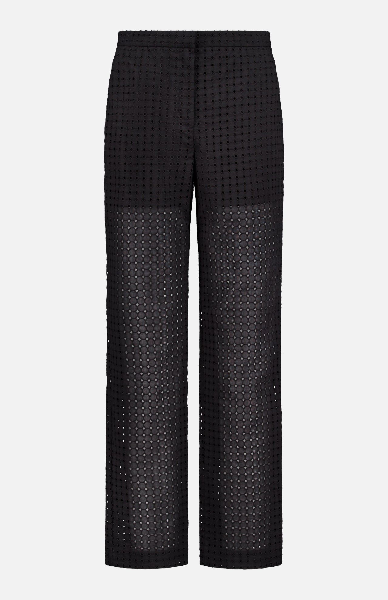 The THEORY Easy Eyelet Slim Fit Pant features black perforated, embroidered eyelet cotton with geometric cut-outs. It has a solid waistband and is partially lined to mid-thigh, leaving the lower legs sheer.