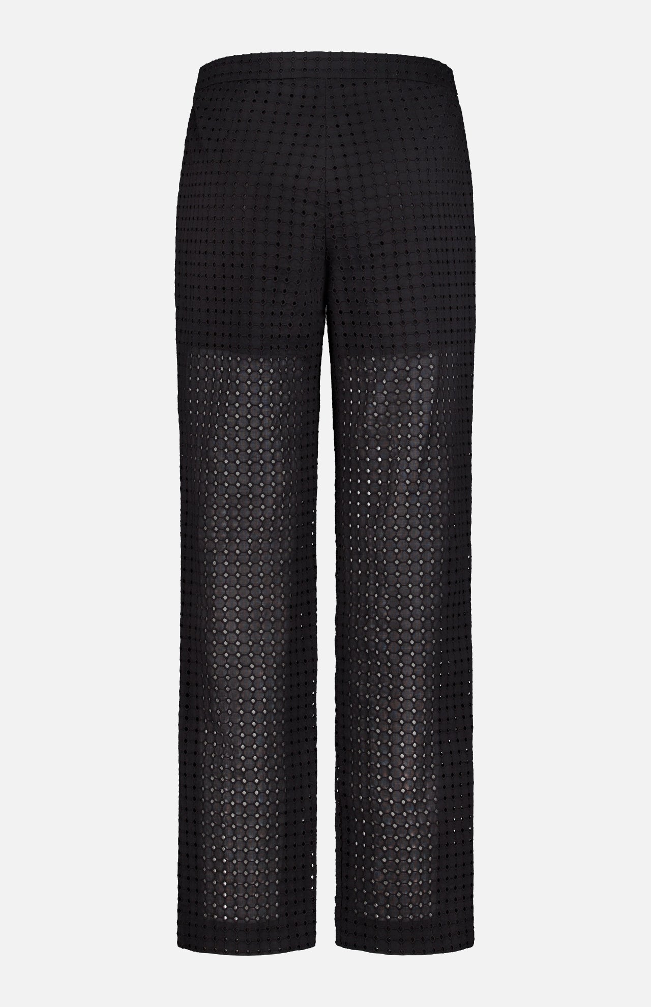 The THEORY Easy Eyelet Slim Fit Pant features a high waist and straight cut in embroidered eyelet cotton with a sheer effect, offering comfort and modern style. Shown on a plain white background.