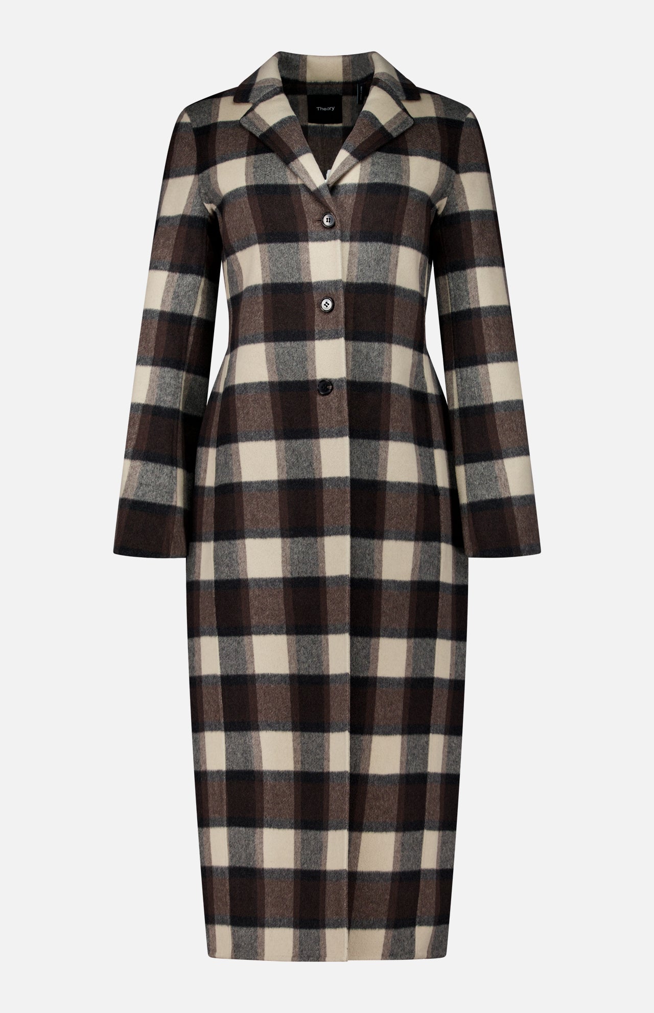 Theory Elongated Plaid Blazer Coat in brown and cream, featuring a long-sleeved silhouette, three-button front closure, and notched lapels.
