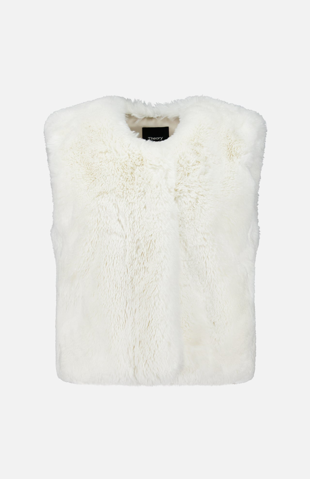 Cream-colored Theory Faux Fur Gilet, a sleeveless vest with a zip-front closure.