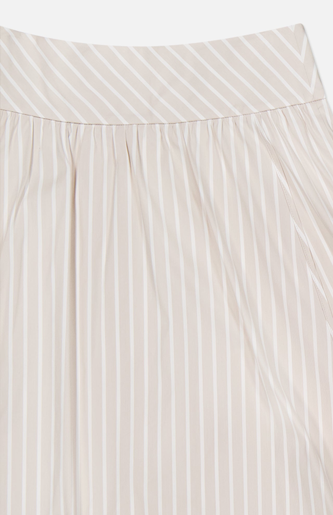 Close-up of the THEORY Front Vented Volume Striped Skirt, an A-line midi in a cotton blend with neutral vertical stripes and diagonal waistband detailing.