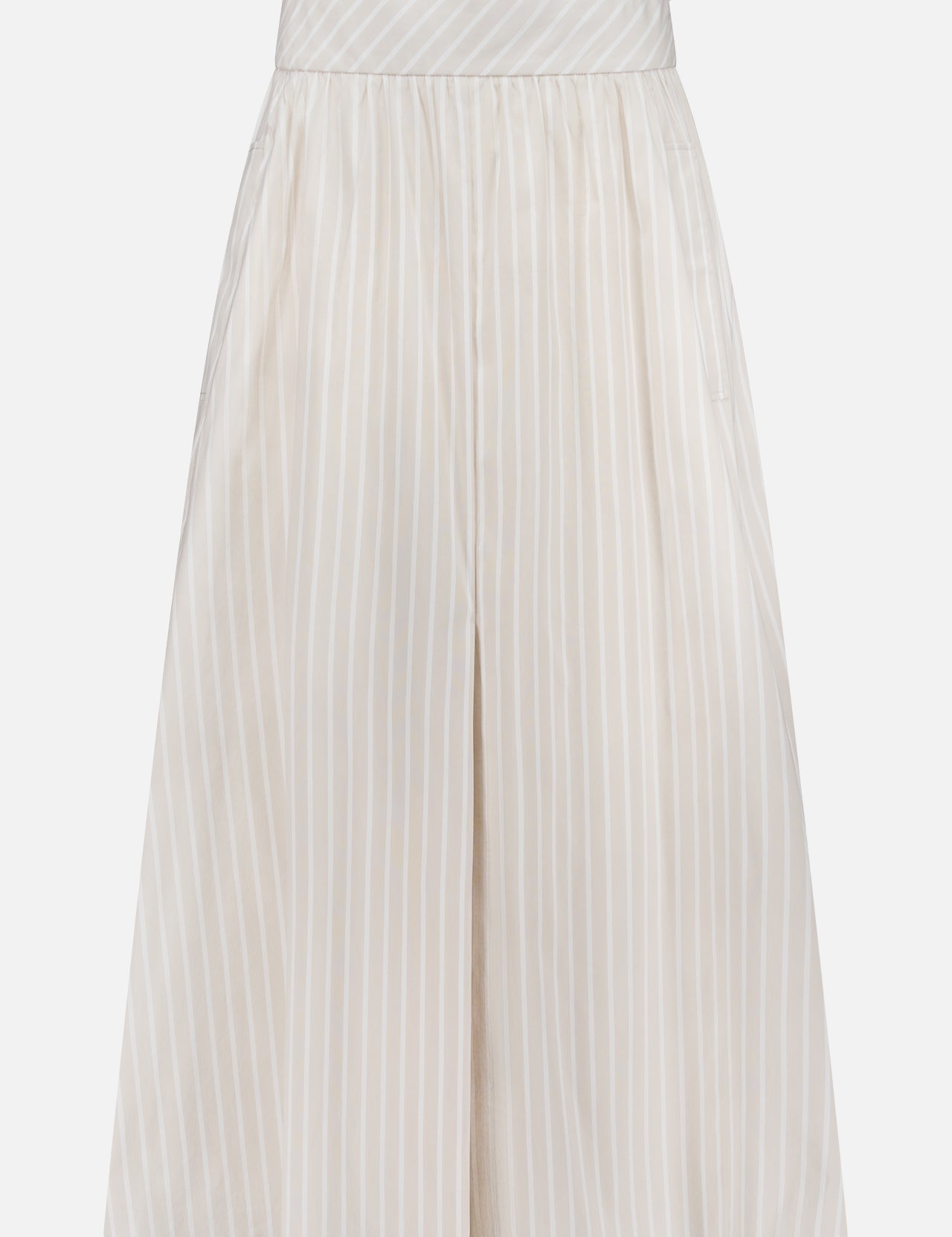 The THEORY Front Vented Volume Striped Skirt is a cream A-line midi skirt with neutral vertical stripes, crafted from a soft cotton blend. It features a high waistband and elegant pleats for classic style.