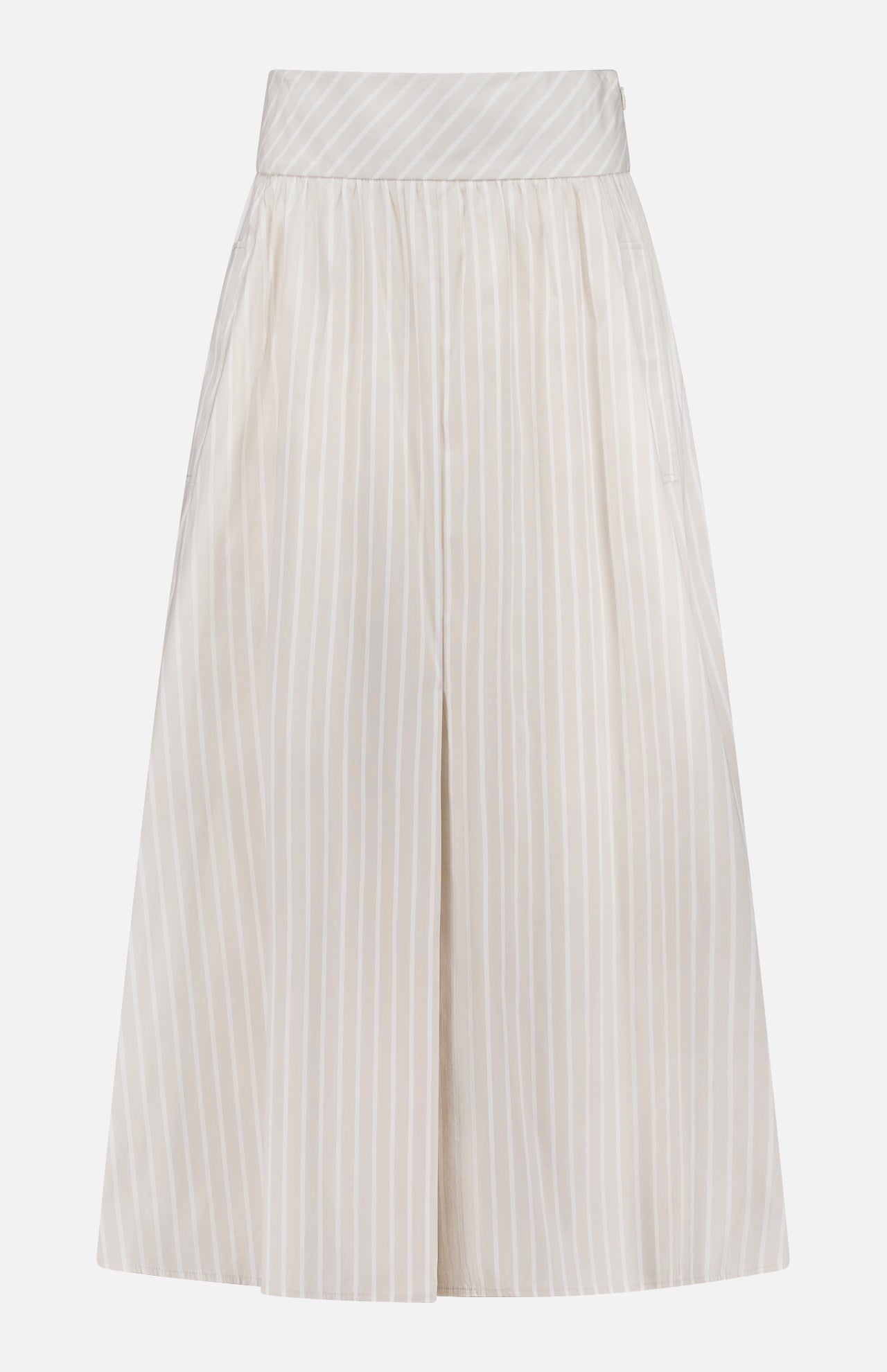 The THEORY Front Vented Volume Striped Skirt is a cream A-line midi skirt with neutral vertical stripes, crafted from a soft cotton blend. It features a high waistband and elegant pleats for classic style.