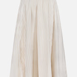 The THEORY Front Vented Volume Striped Skirt is a knee-length, beige A-line midi with vertical neutral stripes, a fitted waistband, gentle pleats, and a front vent for added style.