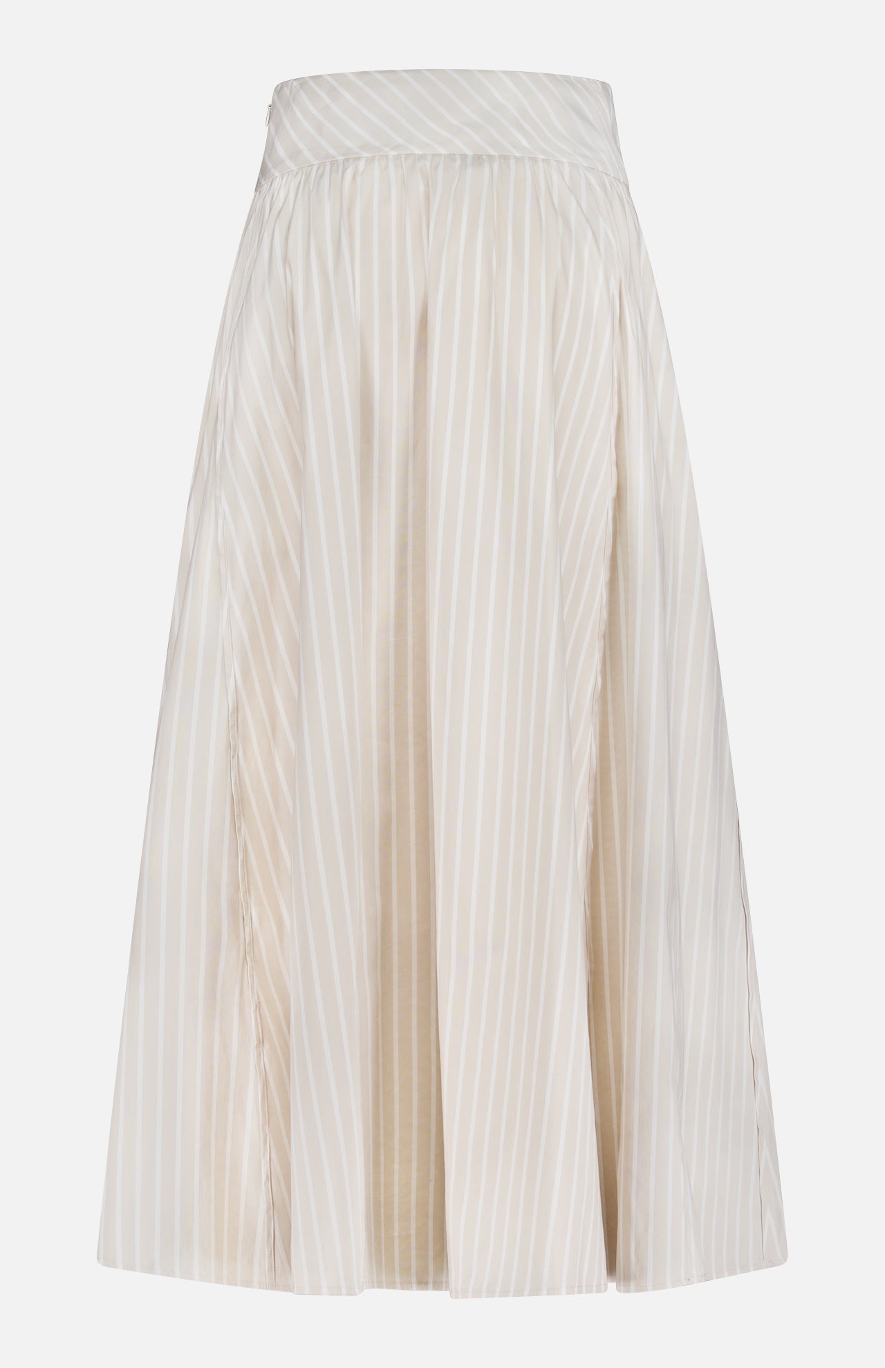 The THEORY Front Vented Volume Striped Skirt is a knee-length, beige A-line midi with vertical neutral stripes, a fitted waistband, gentle pleats, and a front vent for added style.