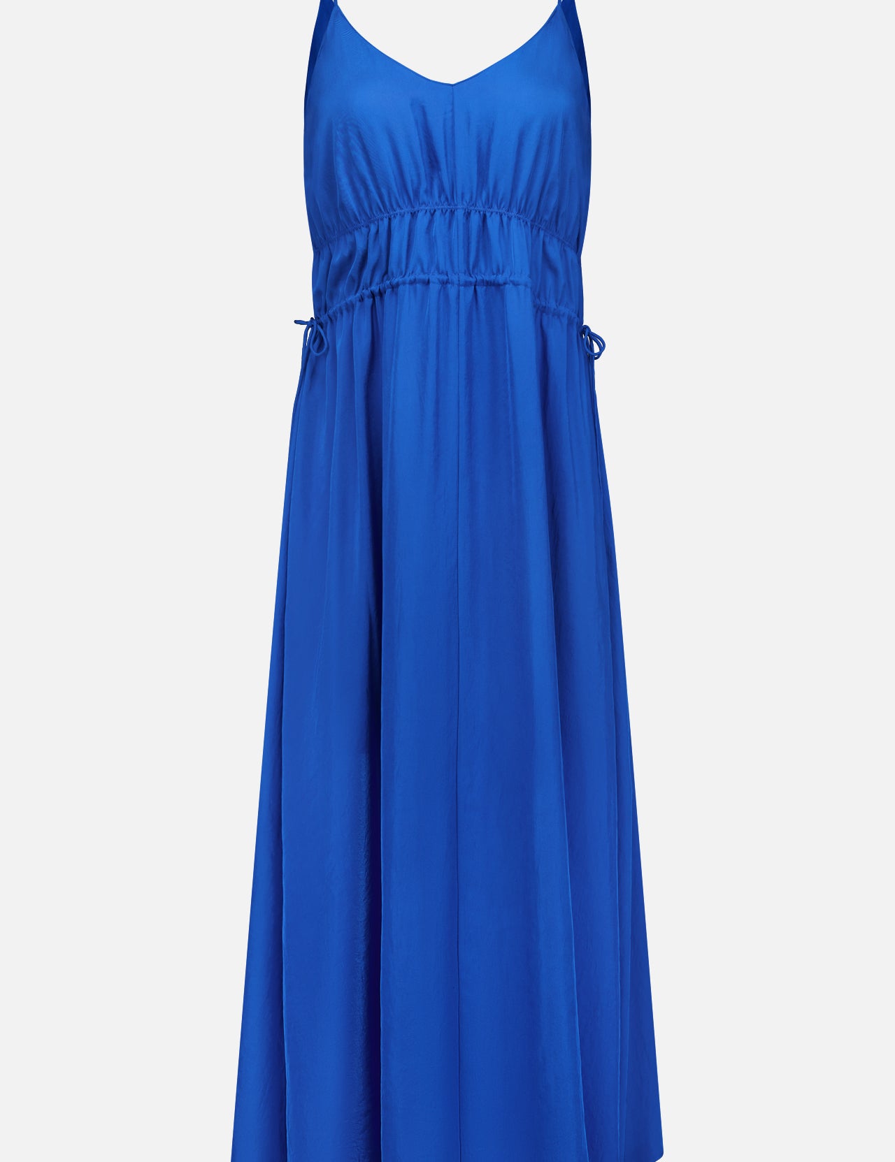 The THEORY Gathered V-Neck Dress is a sleeveless, electric blue piece with thin spaghetti straps, featuring a stretchy elastic waistband with side ties, convenient side slit pockets, and a loose, flared skirt. The dress is displayed against a plain white background.