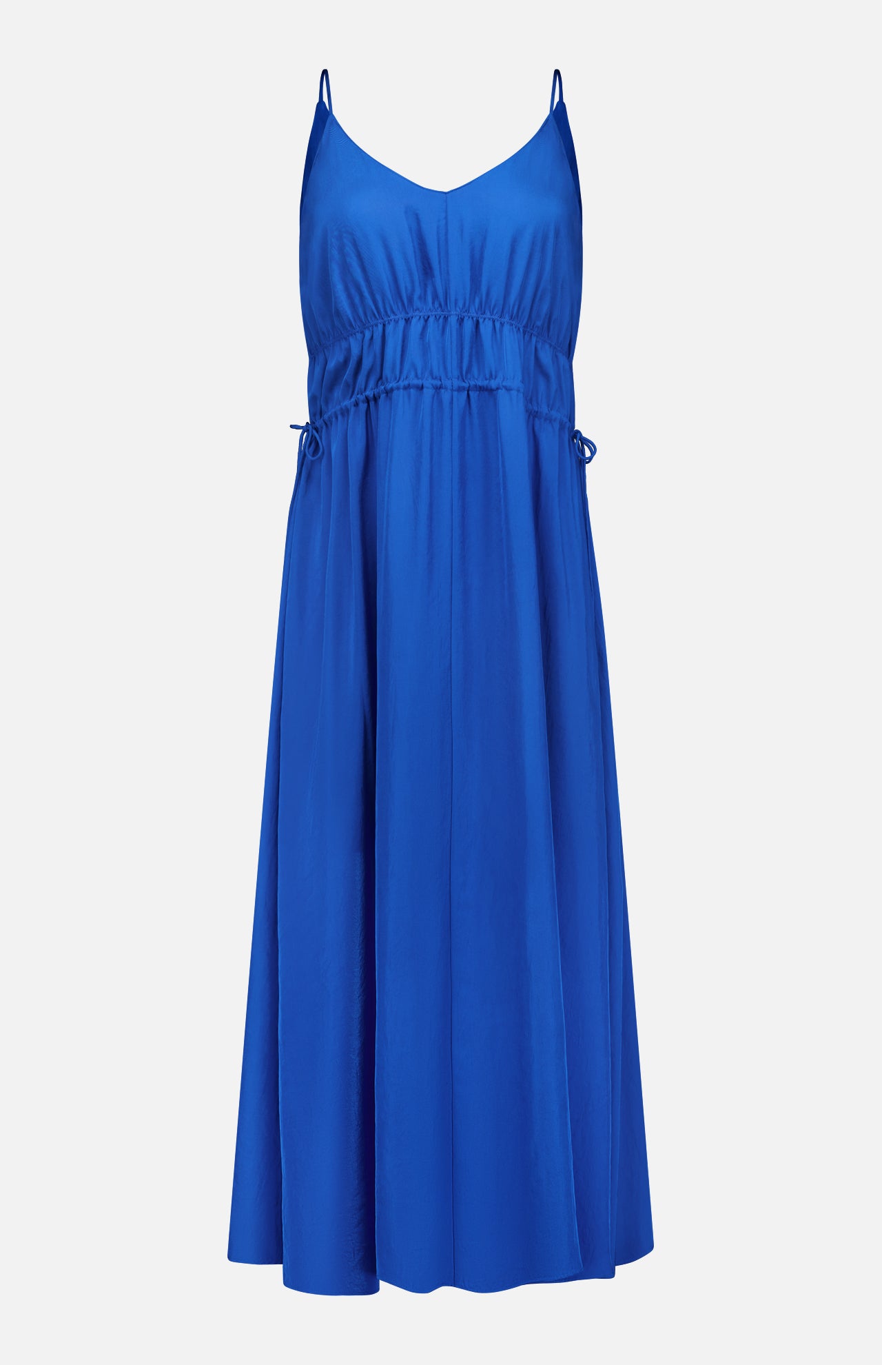 The THEORY Gathered V-Neck Dress is a sleeveless, electric blue piece with thin spaghetti straps, featuring a stretchy elastic waistband with side ties, convenient side slit pockets, and a loose, flared skirt. The dress is displayed against a plain white background.