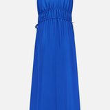 Introducing the THEORY Gathered V-Neck Dress: a sleeveless, knee-length electric blue dress featuring thin spaghetti straps, a gathered and stretchy elastic waistband, practical side slit pockets, and an elegant v-neckline.