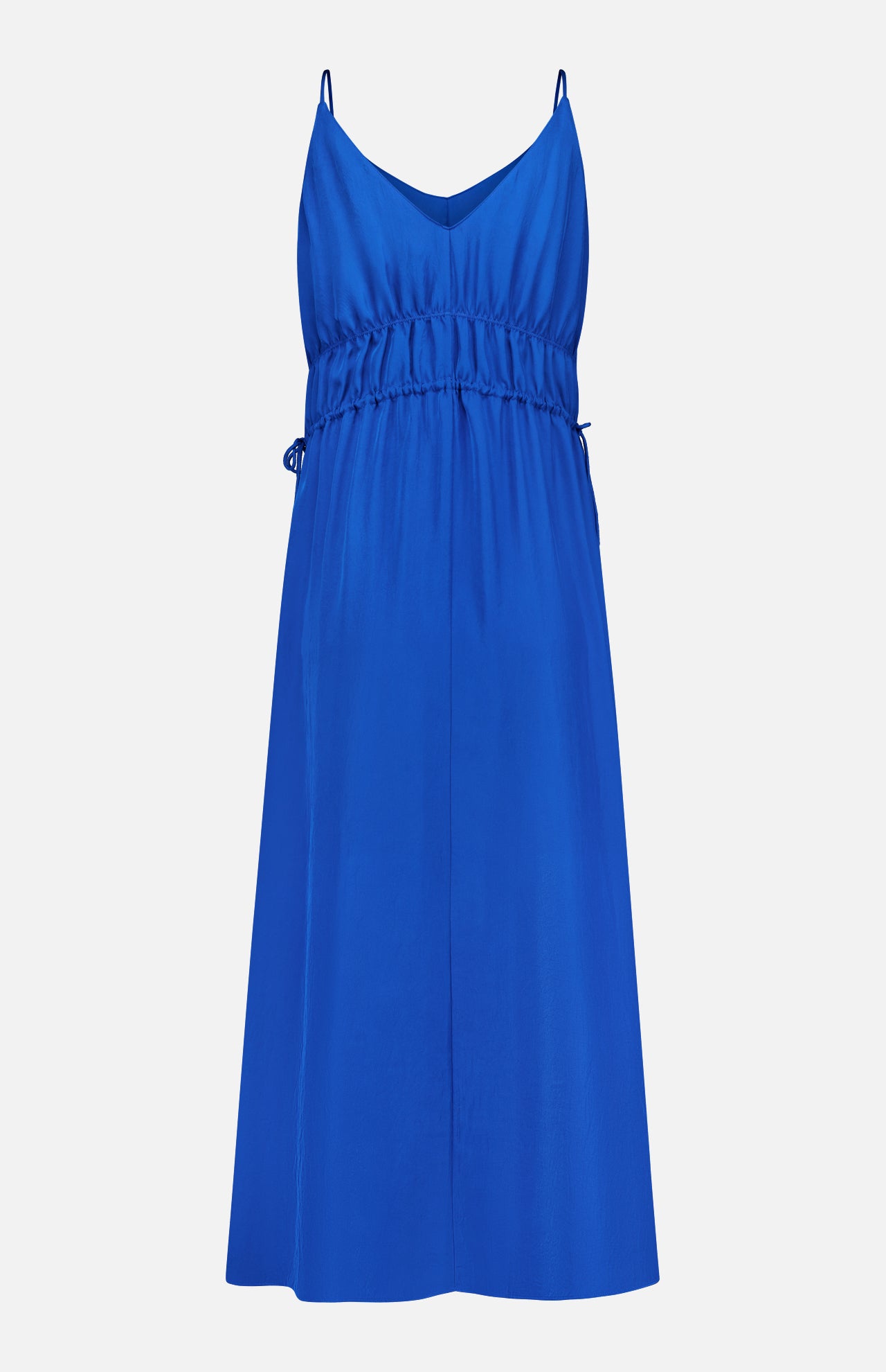 Introducing the THEORY Gathered V-Neck Dress: a sleeveless, knee-length electric blue dress featuring thin spaghetti straps, a gathered and stretchy elastic waistband, practical side slit pockets, and an elegant v-neckline.