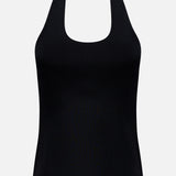 THEORY Halter Neck Tank Top in black features a sleeveless design with a halter neckline and square front, showcased on a plain white background.