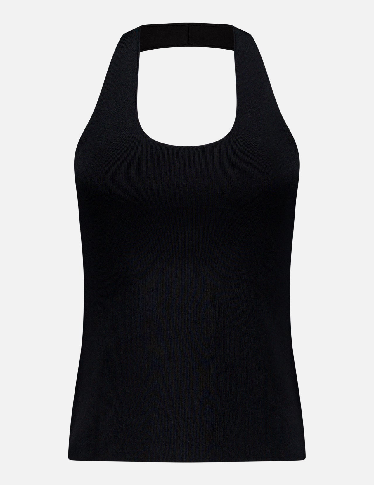 THEORY Halter Neck Tank Top in black features a sleeveless design with a halter neckline and square front, showcased on a plain white background.