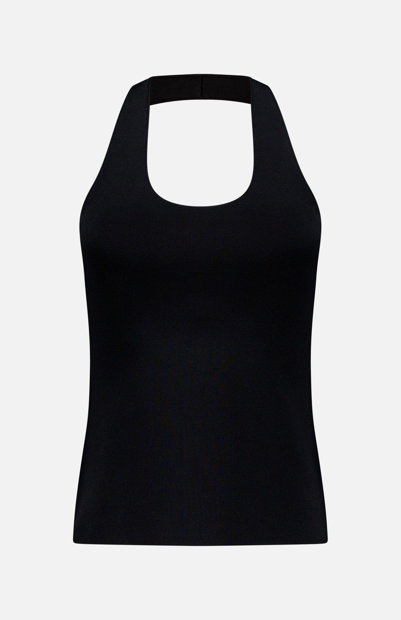 THEORY Halter Neck Tank Top in black features a sleeveless design with a halter neckline and square front, showcased on a plain white background.