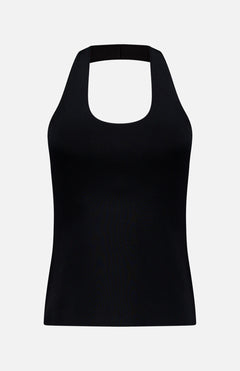THEORY Halter Neck Tank Top in black features a sleeveless design with a halter neckline and square front, showcased on a plain white background.