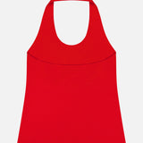 The THEORY Halter Neck Tank Top is a sleeveless, bright red piece with a halter neckline and rounded collar, shown flat on a white background.