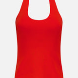 The THEORY Halter Neck Tank Top, in bright red, features a sleeveless silhouette with a scoop front and wide halter strap, shown against a plain white background.
