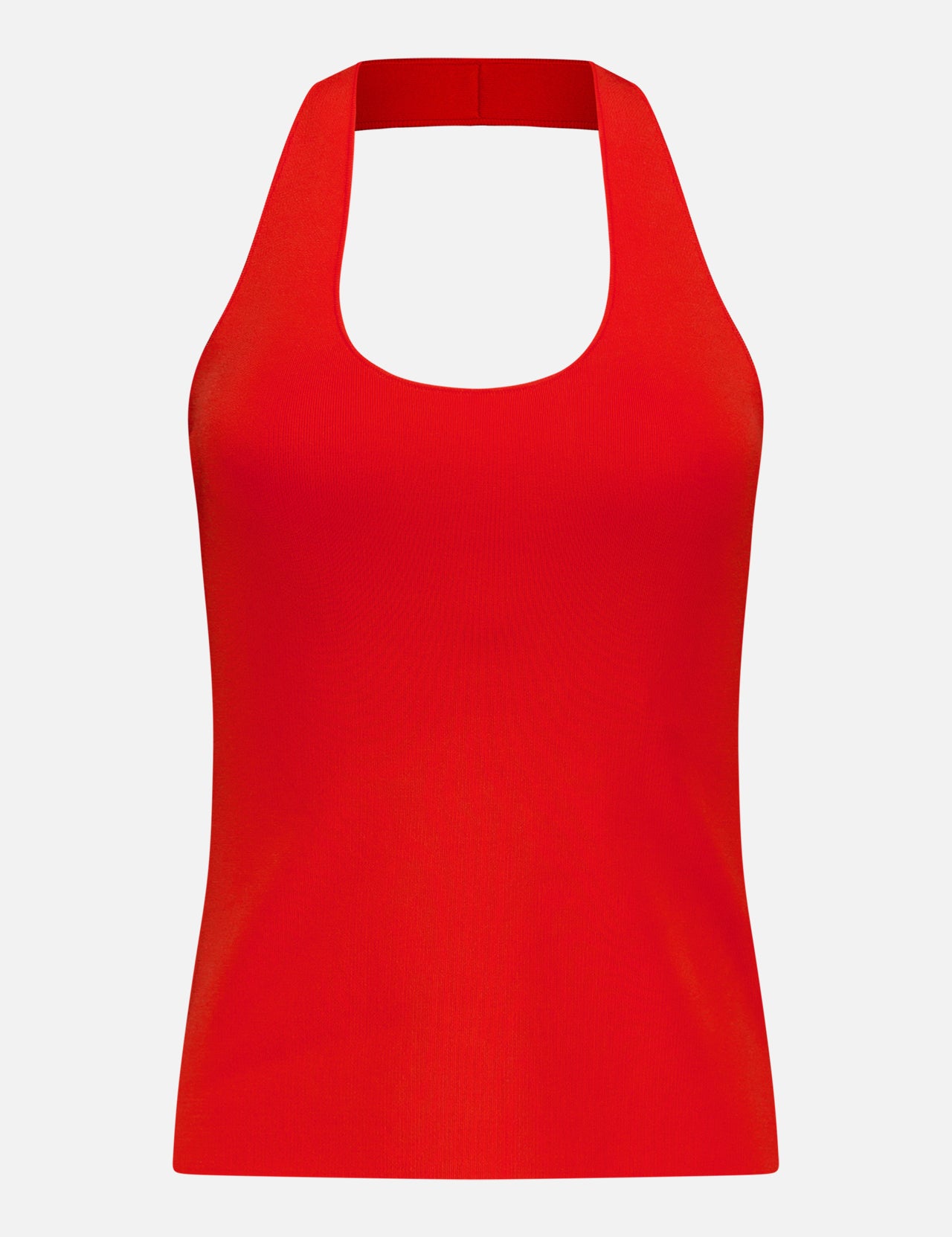 The THEORY Halter Neck Tank Top, in bright red, features a sleeveless silhouette with a scoop front and wide halter strap, shown against a plain white background.