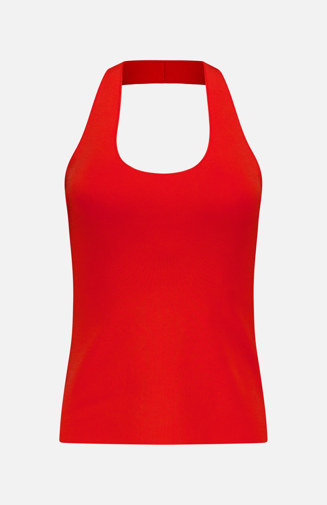 The THEORY Halter Neck Tank Top, in bright red, features a sleeveless silhouette with a scoop front and wide halter strap, shown against a plain white background.