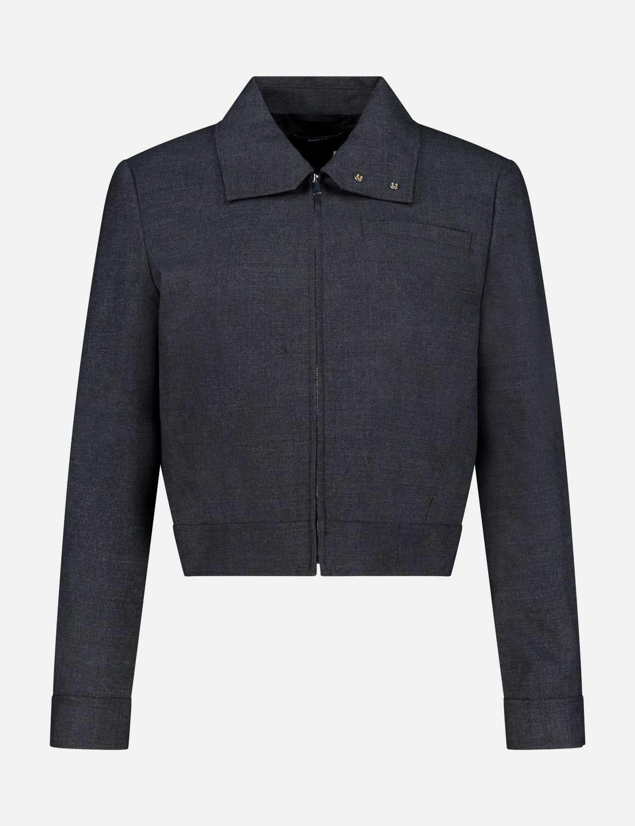 THEORY’s Harrington Cropped Jacket is a women’s dark gray, long-sleeve charcoal jacket featuring a modern cropped fit, front zipper closure, pointed collar with snap button details, and straight cuffs. Crafted from a wool-blend fabric, this versatile office-ready jacket delivers stylish sophistication for any wardrobe.