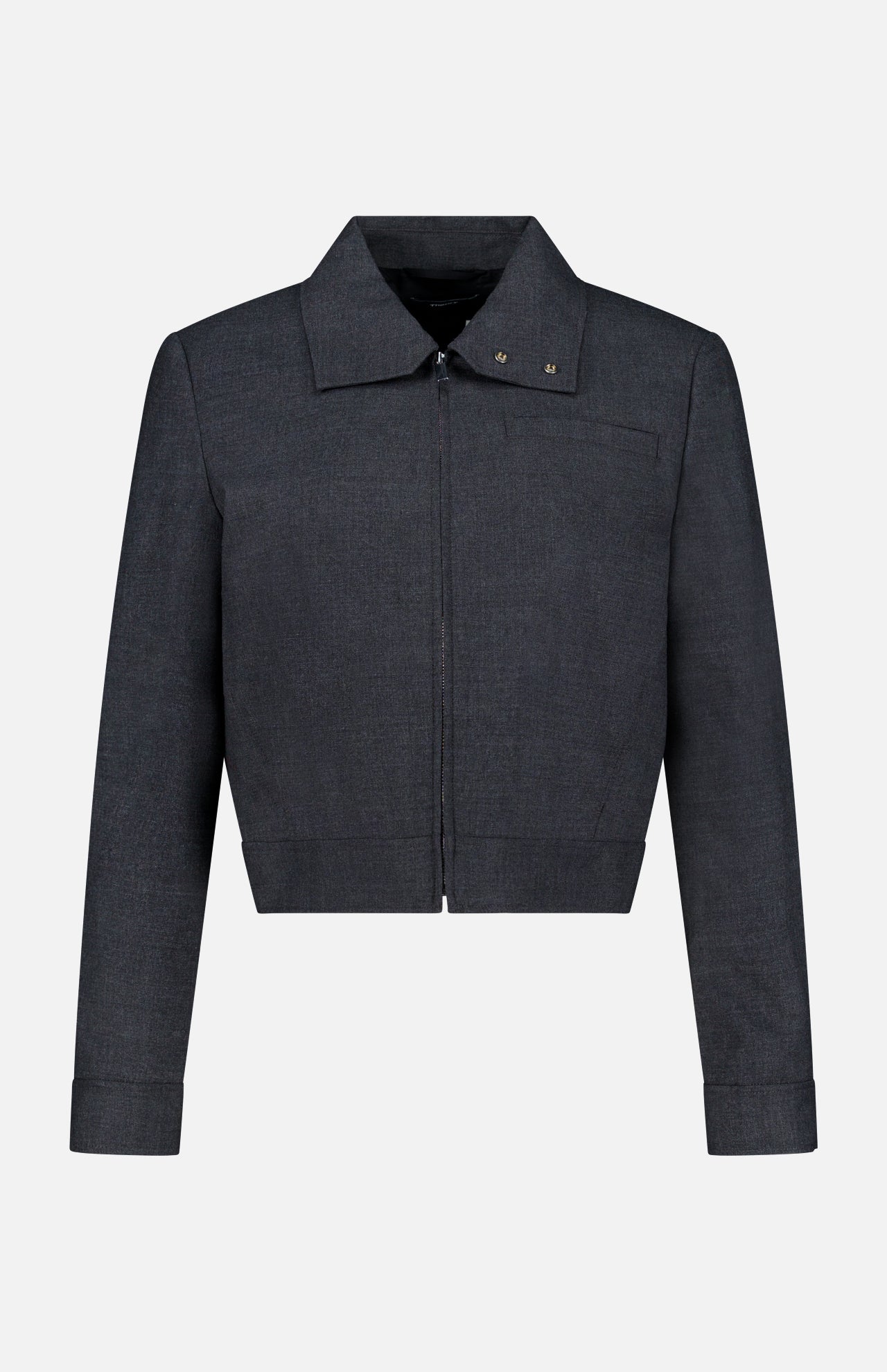 THEORY’s Harrington Cropped Jacket is a women’s dark gray, long-sleeve charcoal jacket featuring a modern cropped fit, front zipper closure, pointed collar with snap button details, and straight cuffs. Crafted from a wool-blend fabric, this versatile office-ready jacket delivers stylish sophistication for any wardrobe.