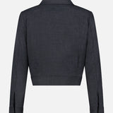The THEORY Harrington Cropped Jacket, featuring a black hue, classic collar, long sleeves, and a sleek open-front design without visible buttons, is shown from the back against a plain white background.