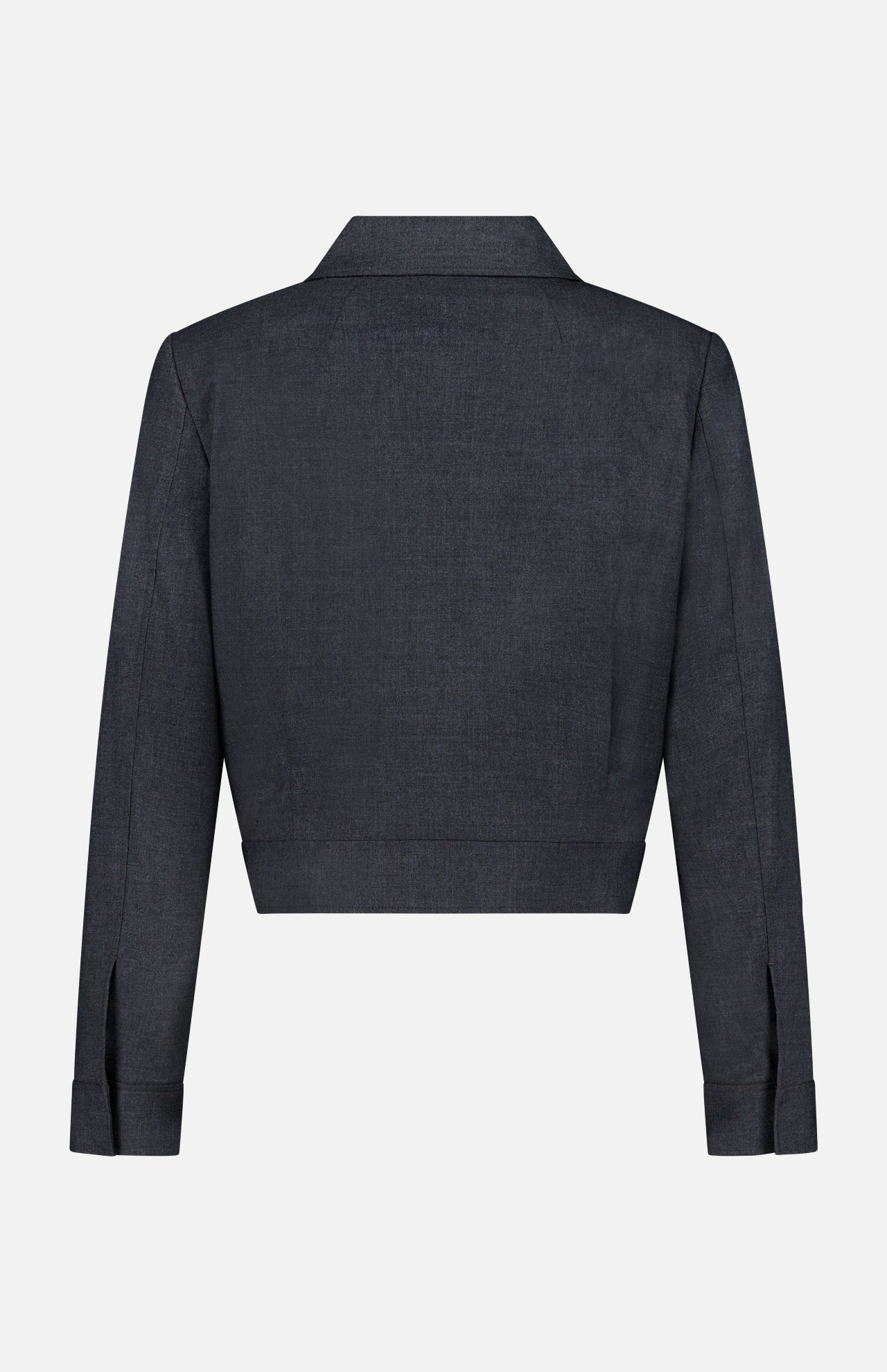 The THEORY Harrington Cropped Jacket, featuring a black hue, classic collar, long sleeves, and a sleek open-front design without visible buttons, is shown from the back against a plain white background.