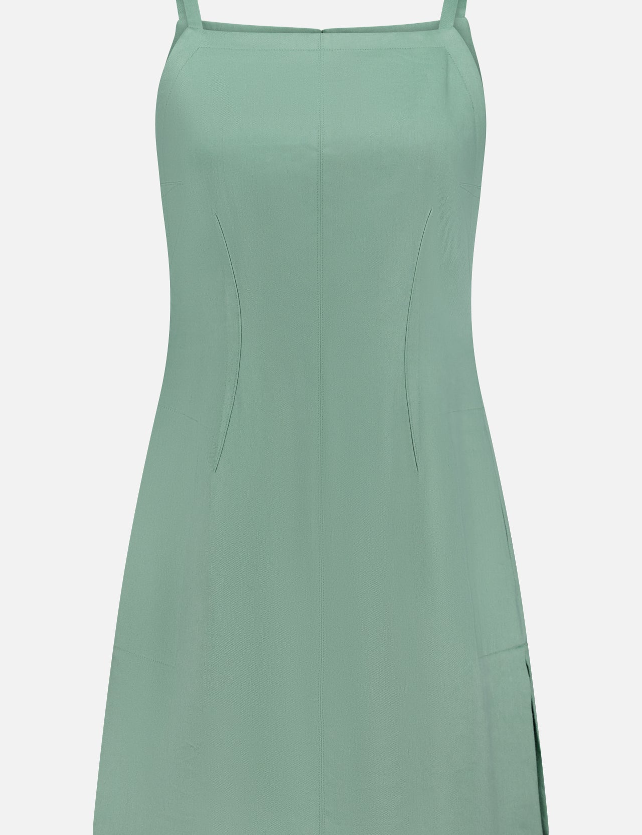 The THEORY Linen Apron Mini Dress is a sage green, sleeveless mini dress with thin straps, subtle vertical seams, and a side slit. This fitted summer dress is crafted from a linen-blend and shown against a white background.