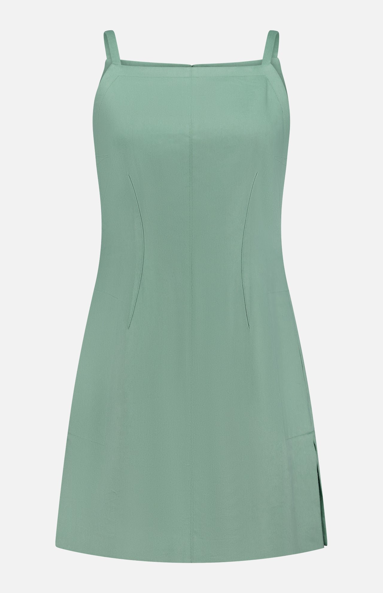 The THEORY Linen Apron Mini Dress is a sage green, sleeveless mini dress with thin straps, subtle vertical seams, and a side slit. This fitted summer dress is crafted from a linen-blend and shown against a white background.
