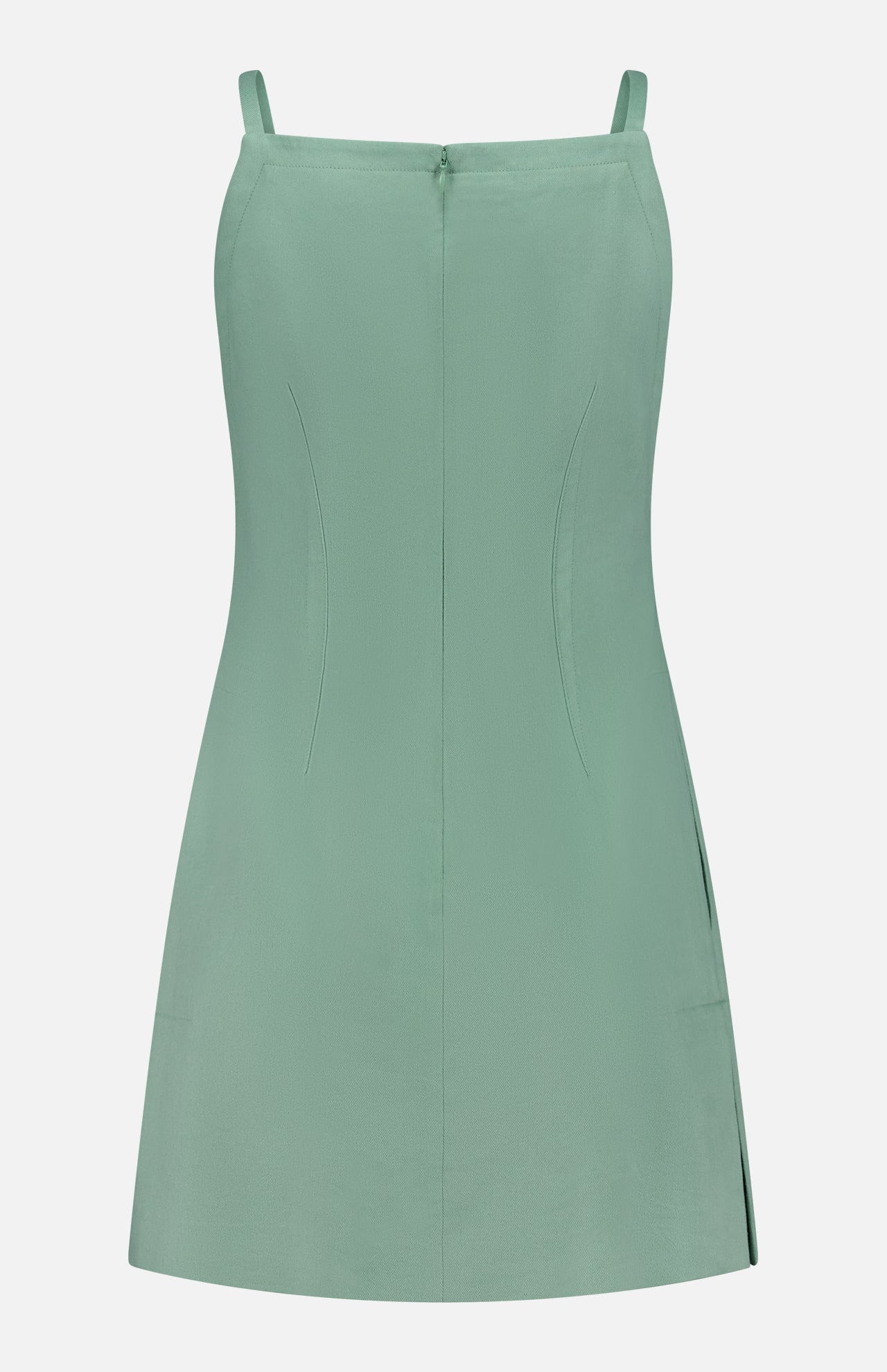 The THEORY Linen Apron Mini Dress is a sleeveless sage green mini with thin straps, straight neckline, subtle seams, hidden back zipper, fitted linen-blend silhouette, and a small slit for effortless summer style.