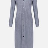 THEORY’s Long Merino Wool Cardigan in light gray features long sleeves, a button-down front, V-neckline, and straight silhouette. The dress is displayed against a plain white background.