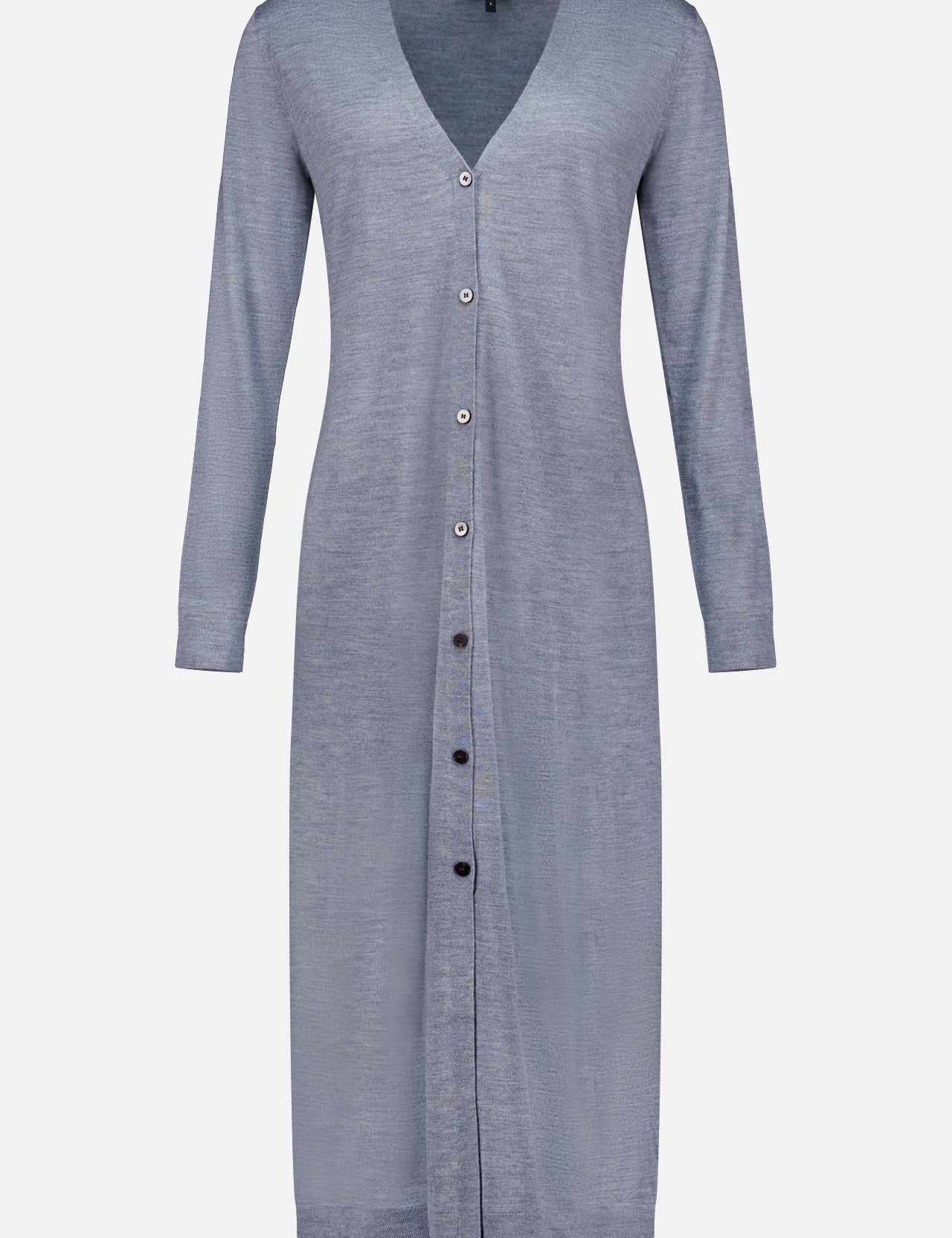 THEORY’s Long Merino Wool Cardigan in light gray features long sleeves, a button-down front, V-neckline, and straight silhouette. The dress is displayed against a plain white background.
