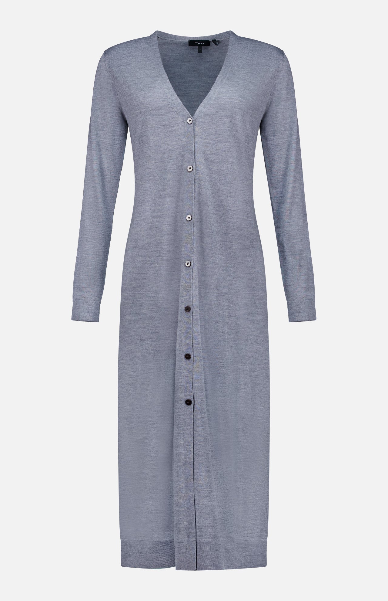 THEORY’s Long Merino Wool Cardigan in light gray features long sleeves, a button-down front, V-neckline, and straight silhouette. The dress is displayed against a plain white background.